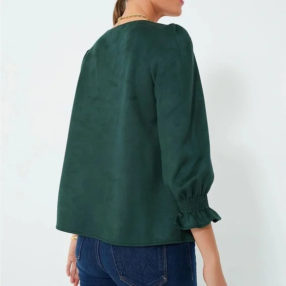 TUCKERNUCK Malachite Suede Easton Blouse Green Ruffle Sleeve Top Sz M NEW